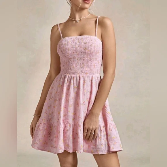 New Boho Floral Print Cotton Smocked Cami Short Dress Pink Yellow - Picture 2 of 9